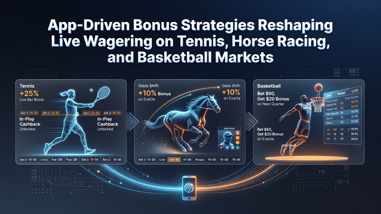 Mobile app interface displaying live bonus offers for tennis, horse racing, and basketball markets