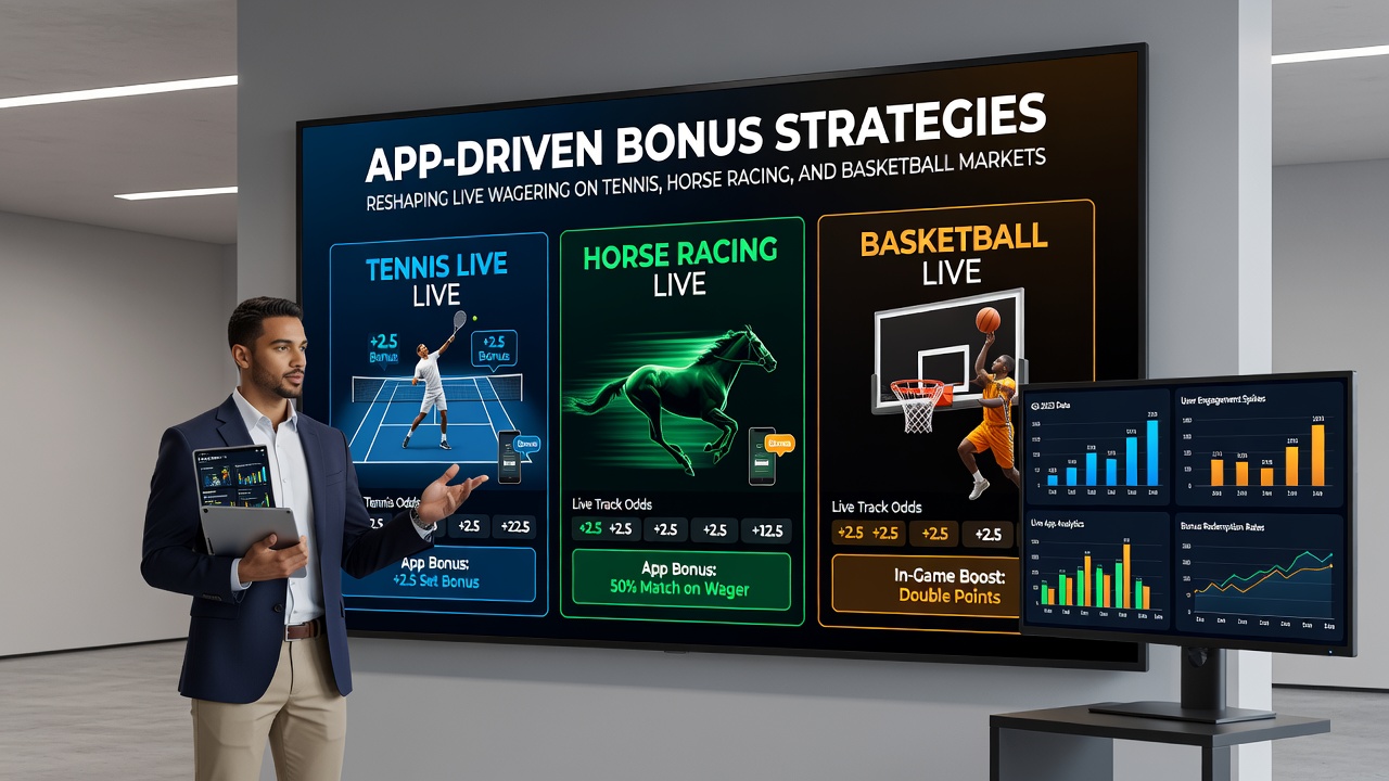 Live betting dashboard showing bonus activation during a basketball game and horse race