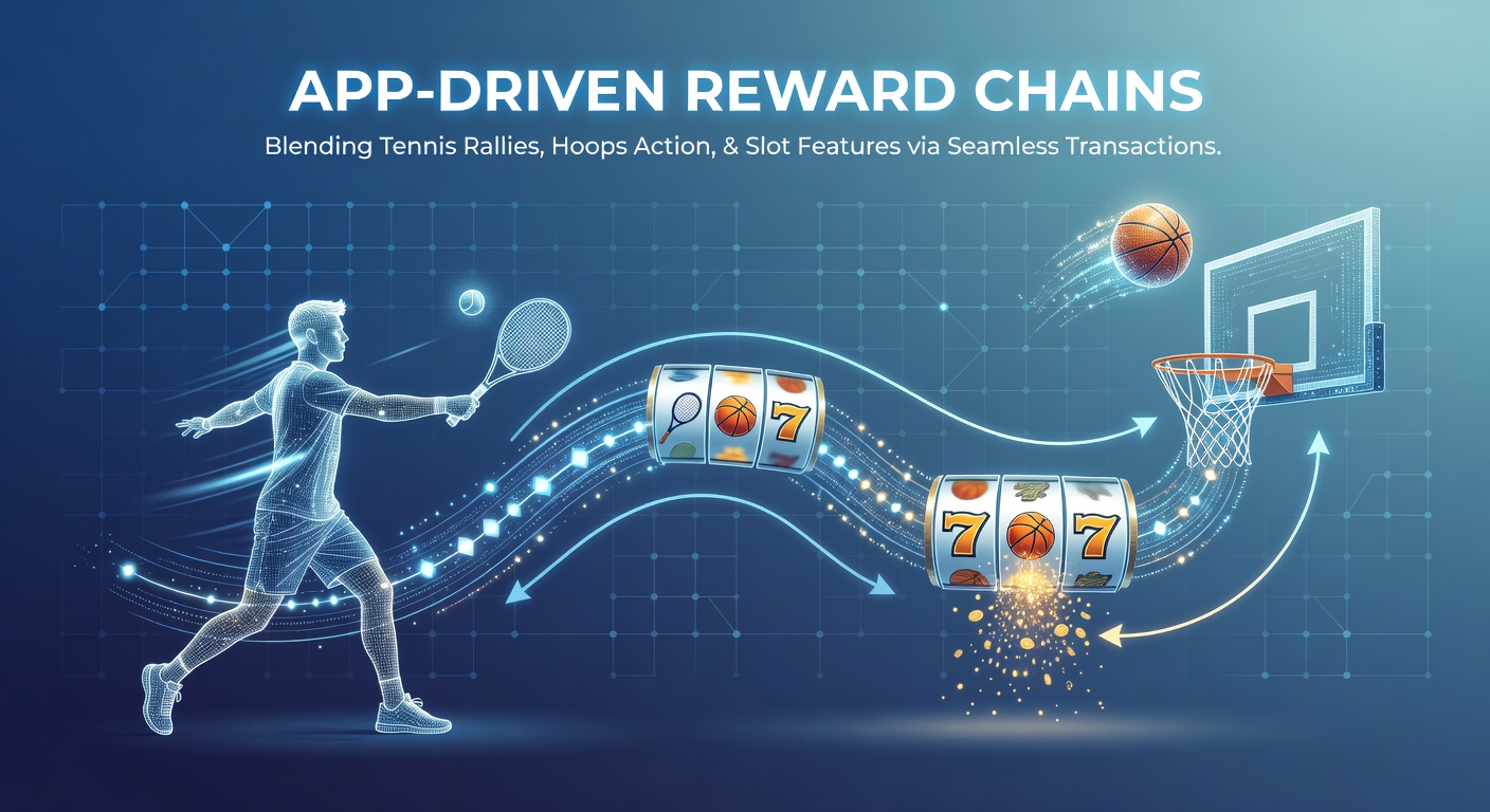 Mobile app interface displaying tennis rally stats alongside basketball highlights and slot game icons connected through reward chains