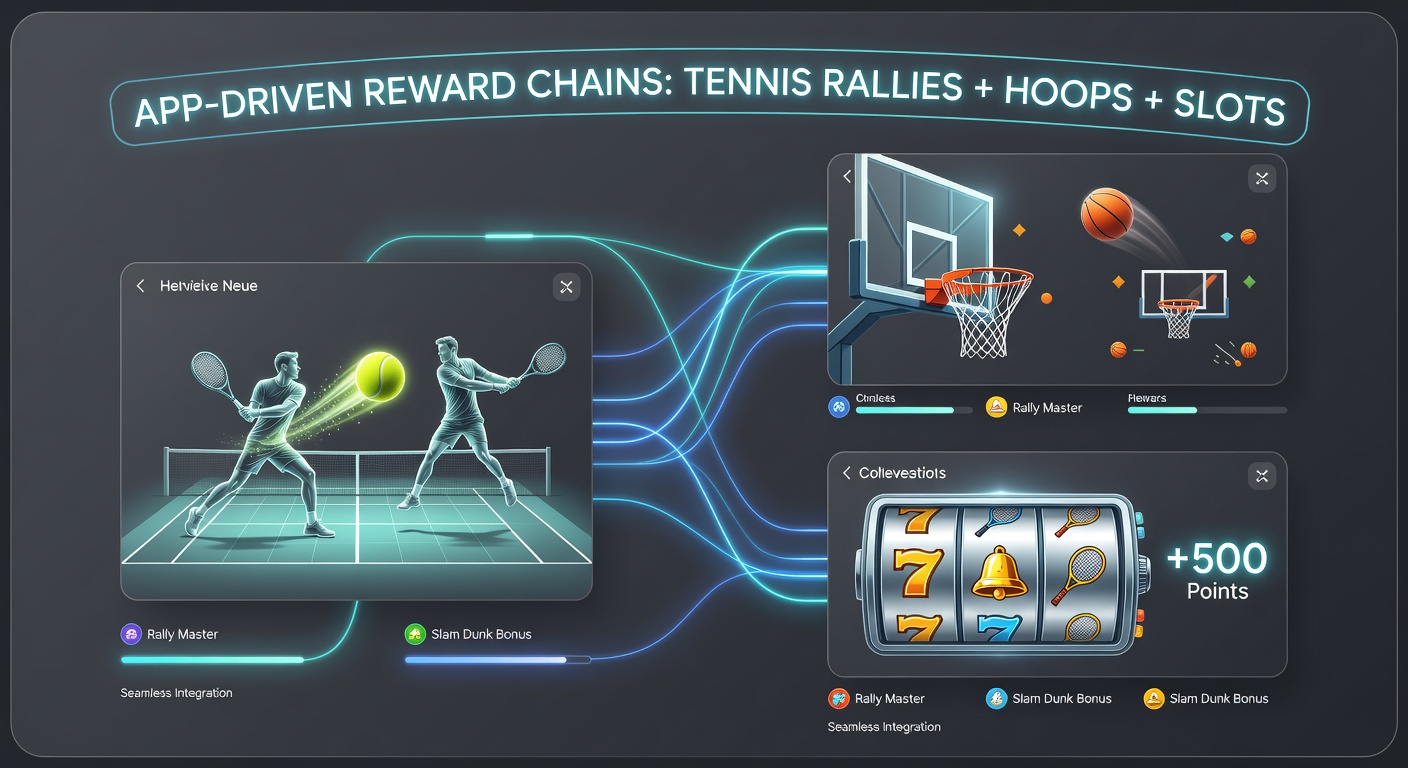 Close-up of app dashboard showing reward chain progress from tennis points to basketball bonuses and slot features