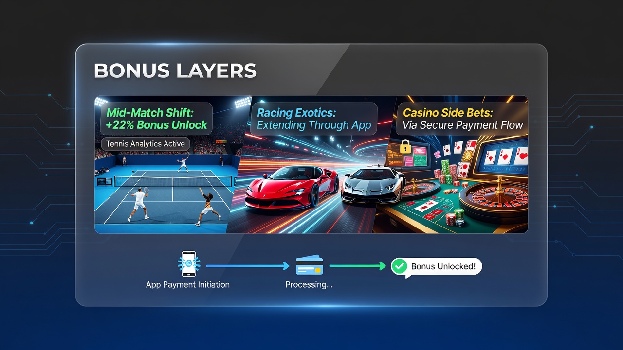 Mobile app interface showing layered bonuses during a live tennis match with payment flow indicators