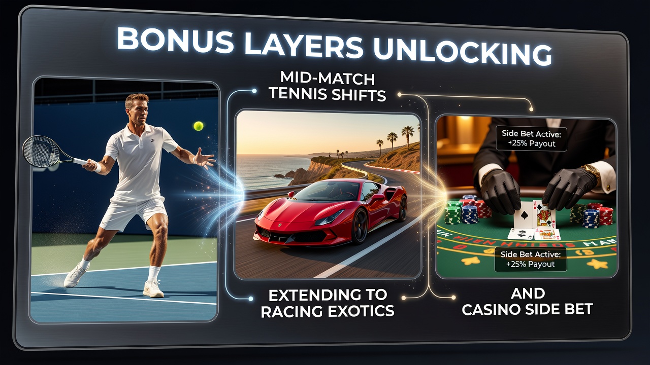 Racing terminal and casino table connected via mobile payment layers with exotic bet overlays