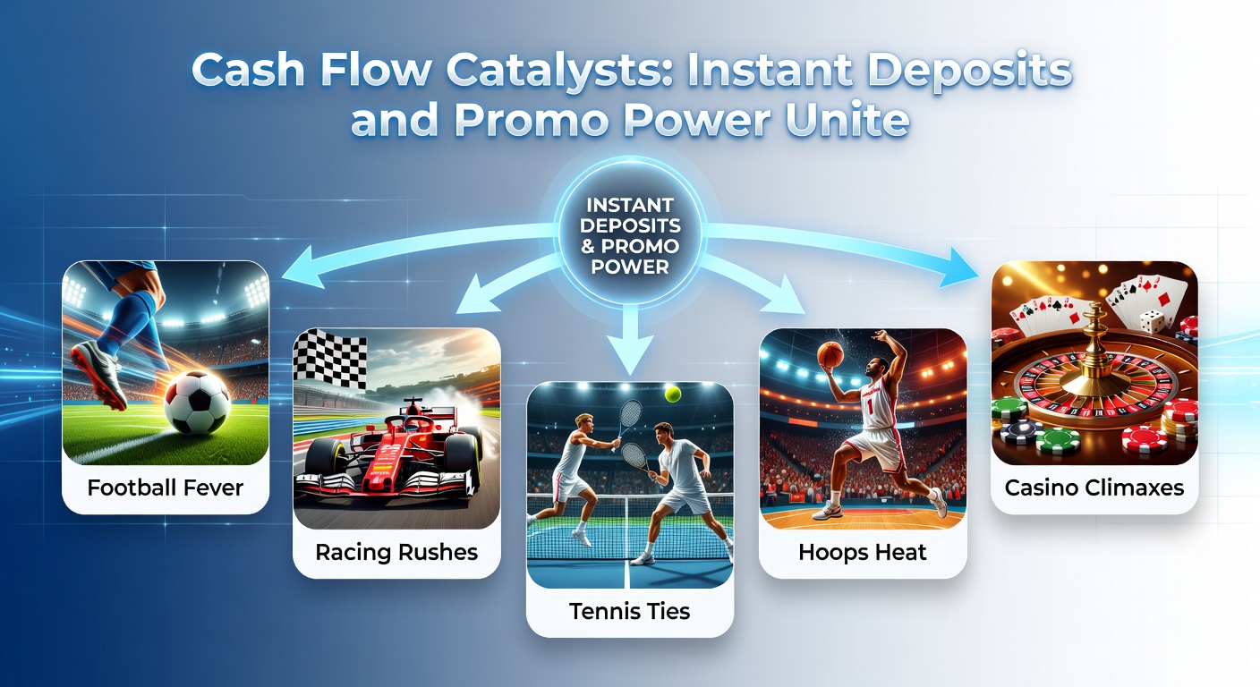 Dynamic graphic showing lightning-fast deposits powering bets on soccer goals, horse races, tennis serves, basketball dunks, and casino spins