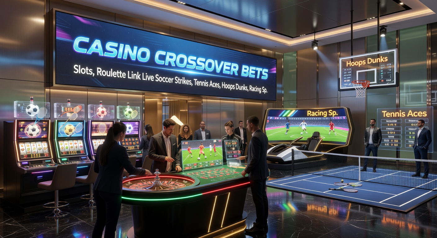 Vibrant scene of a tennis ace serve exploding into slot symbols, with basketball dunk overlaying a roulette table and racing horses in the background