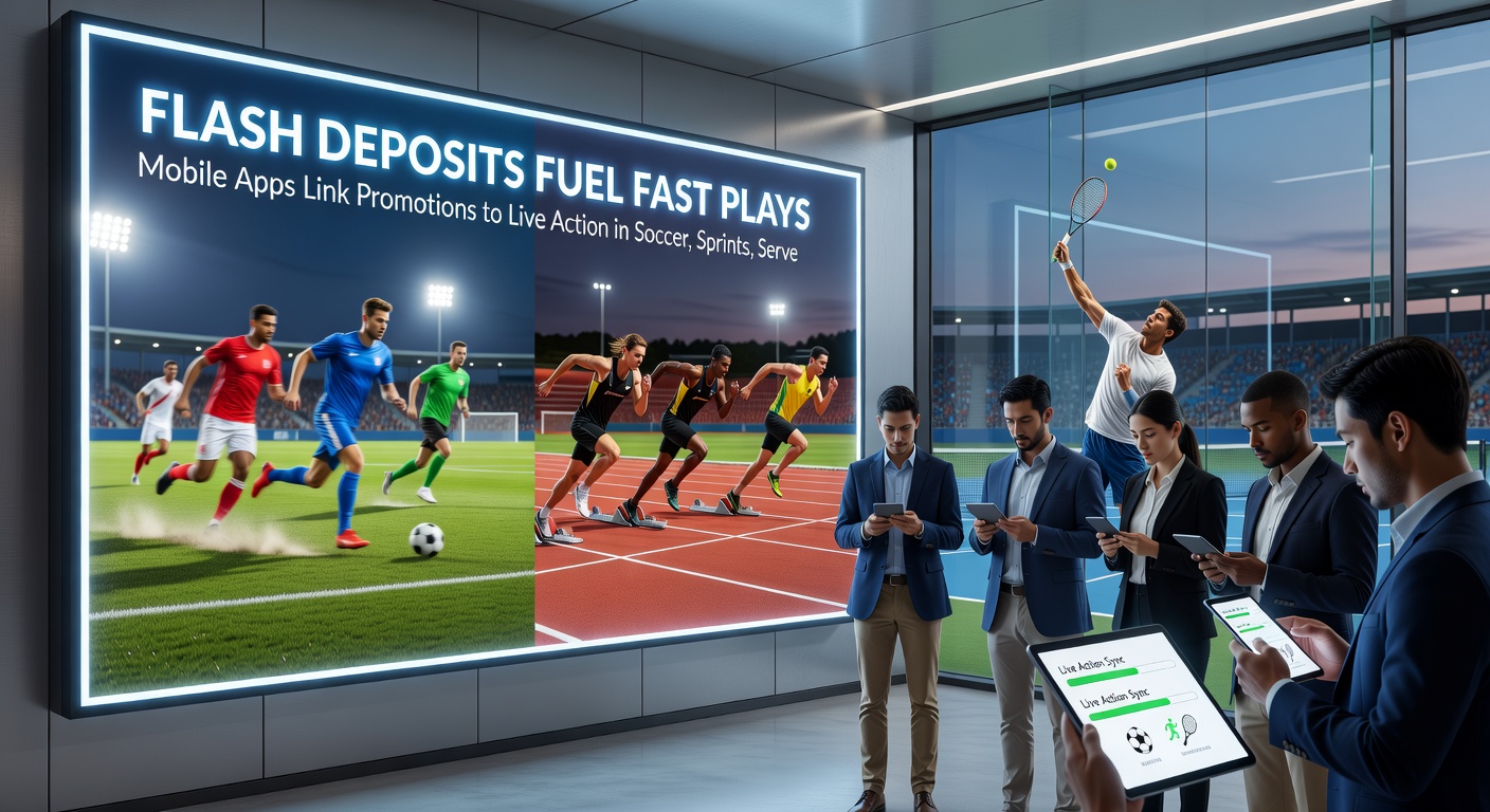 Close-up of track sprinter crossing finish line with overlaid mobile betting app interface showing flash deposit confirmation and live odds update