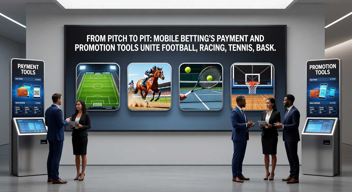 Collage of mobile betting screenshots featuring horse racing live odds, tennis match highlights, basketball scores, and casino roulette wheel with overlaid promo banners for deposit matches