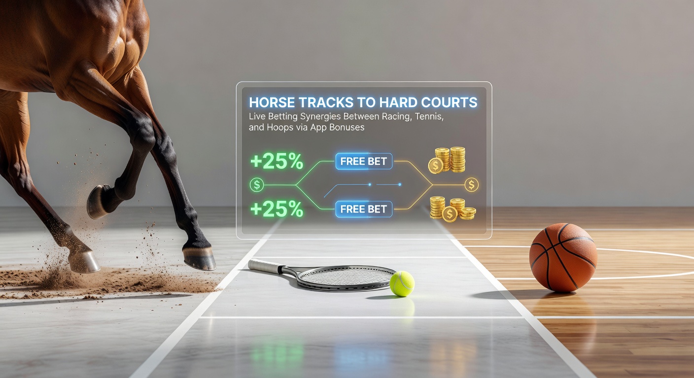 Dynamic split image showing a horse racing track, a tennis court in action, and a basketball hoop during a live game, overlaid with mobile app interfaces displaying live odds and bonuses