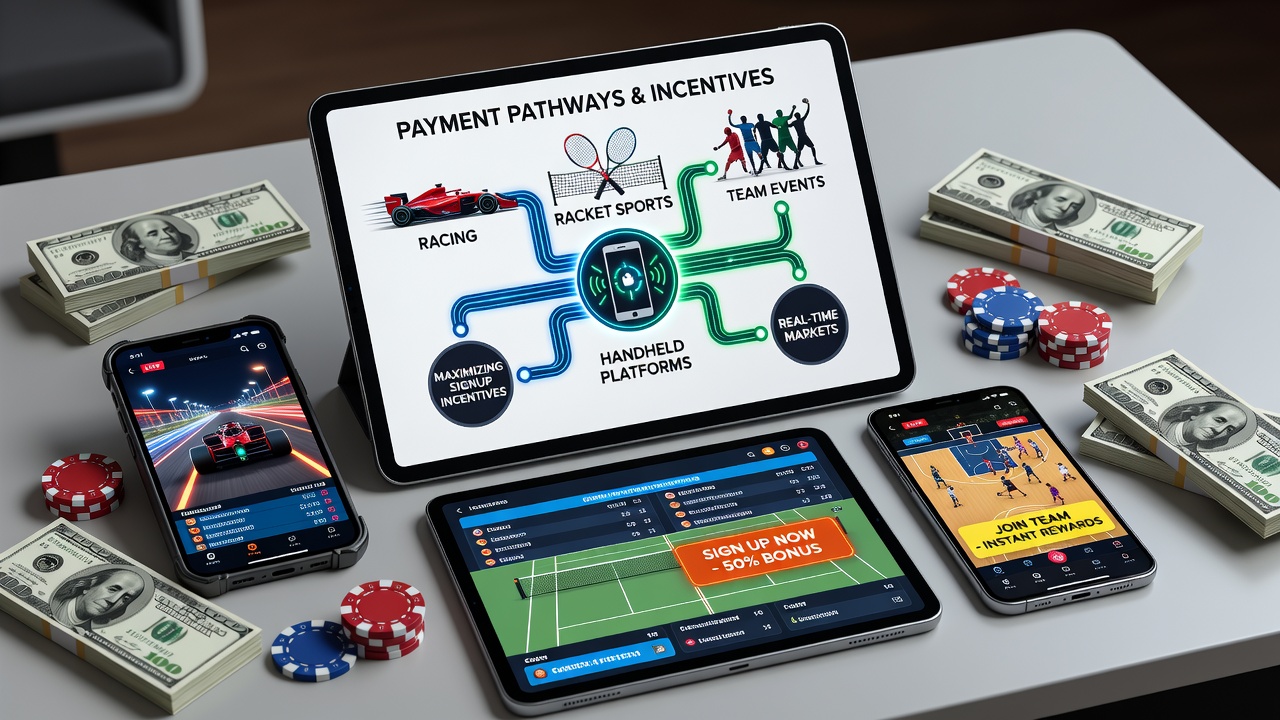 Mobile payment interfaces displaying instant deposit options and signup bonus activations during live sports events on handheld devices