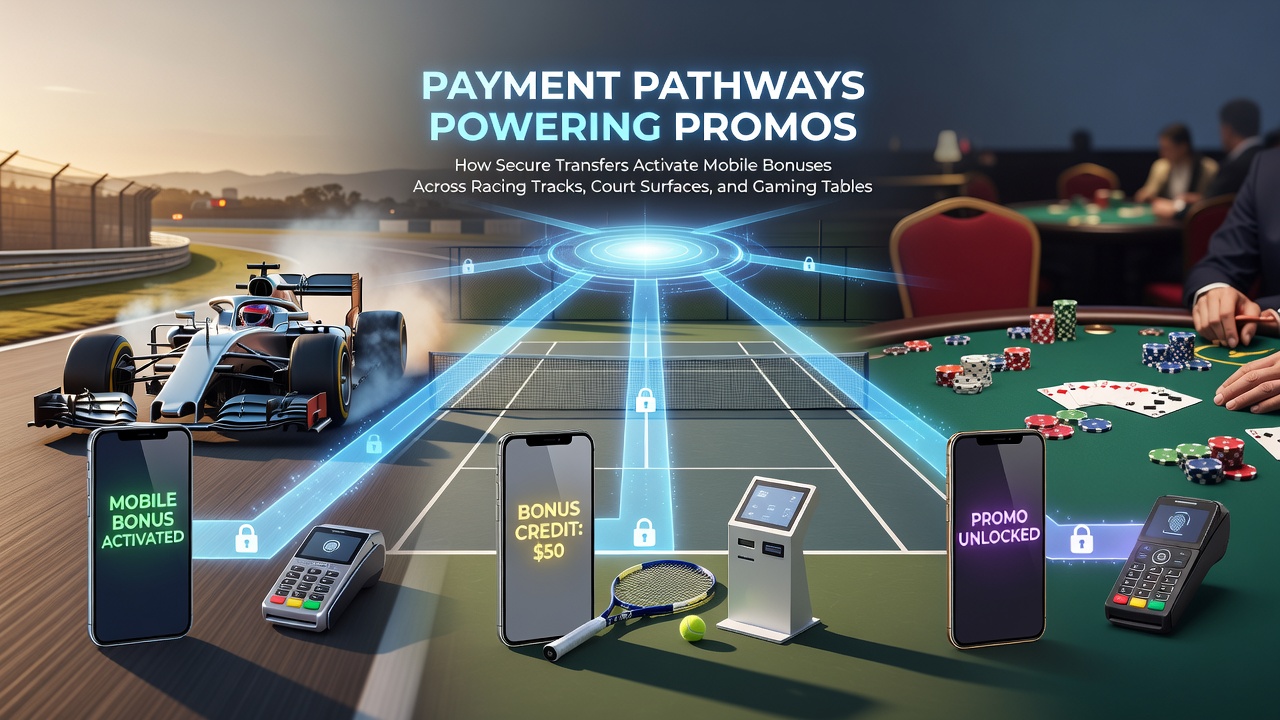 Secure payment interfaces on mobile devices showing bonus activation across racing, tennis, and casino platforms