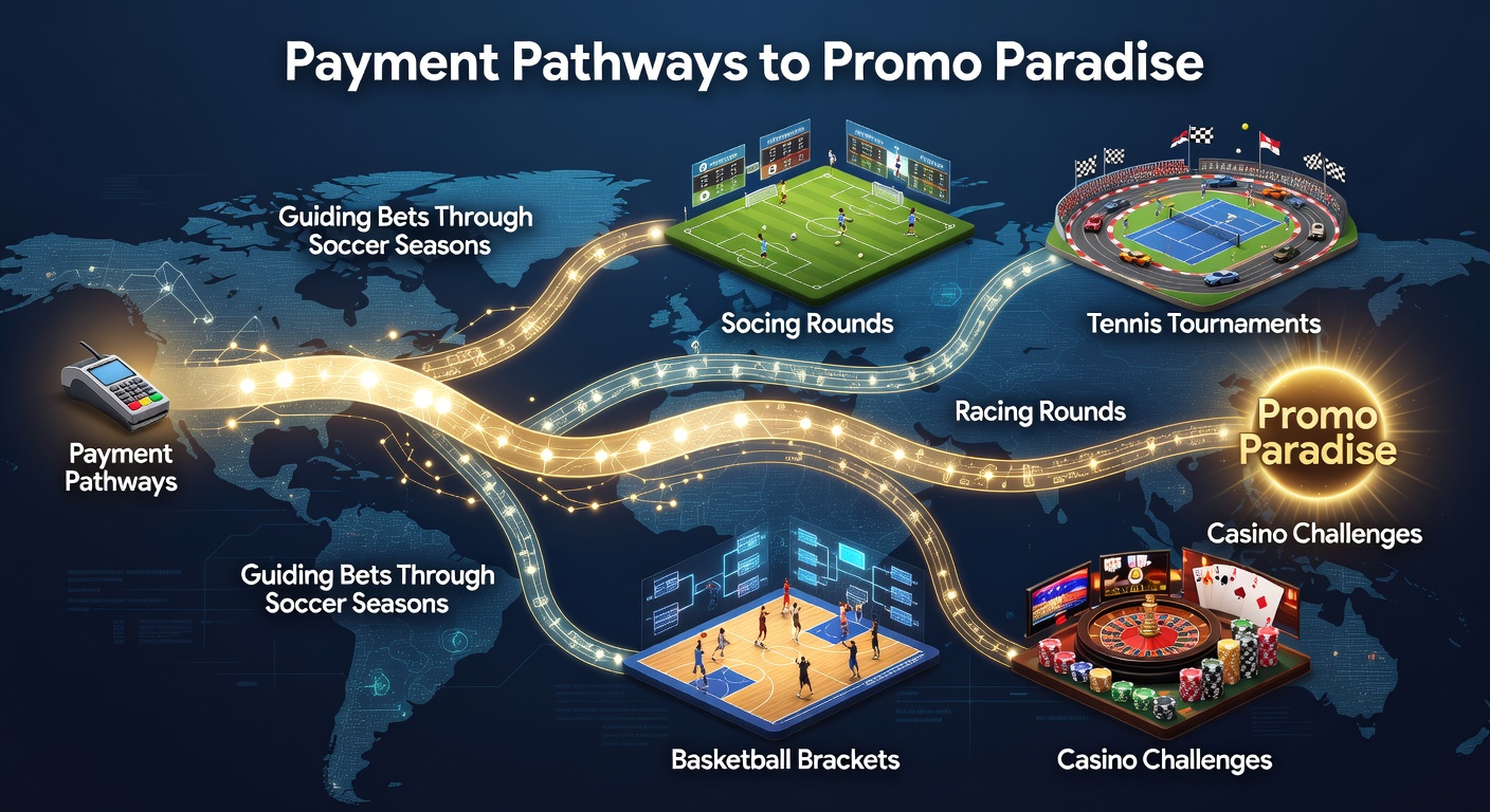Dynamic illustration of digital payment flows connecting sports icons like soccer balls, racehorses, tennis rackets, basketball hoops, and casino chips to glowing bonus symbols