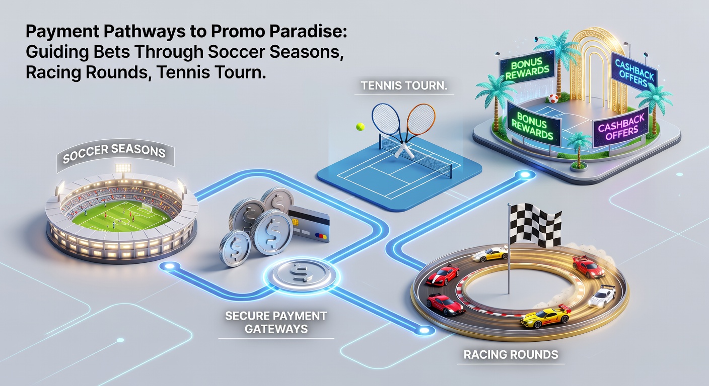 Vibrant graphic showing payment icons exploding into promotional fireworks amid soccer stadiums, racetracks, tennis courts, basketball arenas, and casino tables