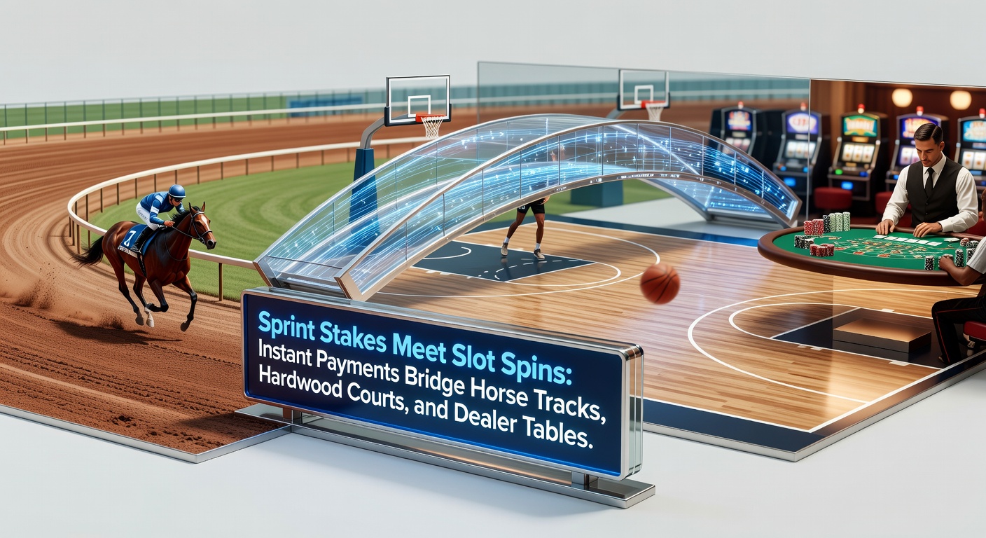 A dynamic scene of a horse sprinting down the track overlaid with smartphone screens showing instant deposit notifications and live betting odds for basketball and slots