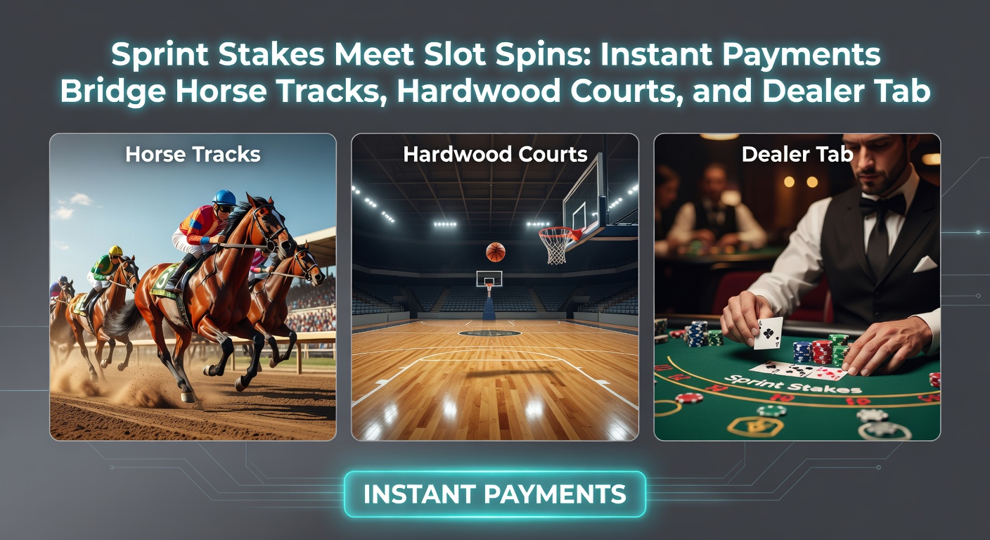 Casino table with dealer dealing cards beside a slot machine jackpot screen and overlaid icons of basketball dunks and horse racing finishes, connected by instant payment arrows