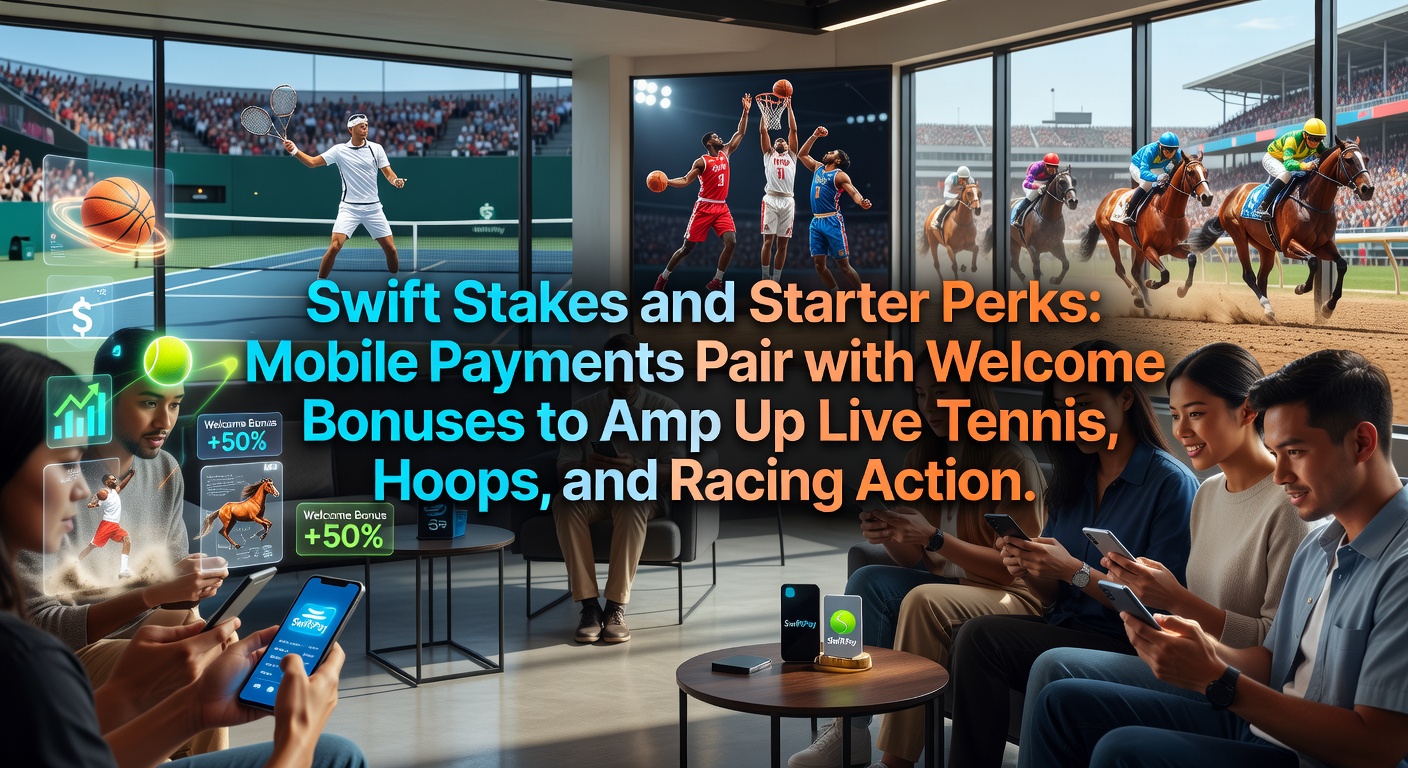 Dynamic split-screen showing a tennis player mid-serve, a basketball slamming through the hoop, and a horse crossing the finish line, overlaid with mobile app icons for payments and bonuses
