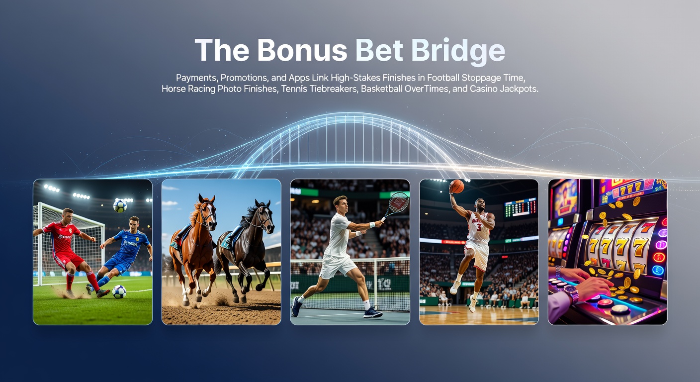Dynamic split-screen showing football stoppage time goal, horse racing photo finish, and tennis tiebreaker tension, bridged by mobile betting app interfaces with bonus promotions highlighted