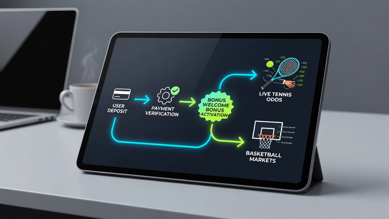Illustration of bonus activation steps connecting mobile deposits to tennis, basketball, racing, and casino options