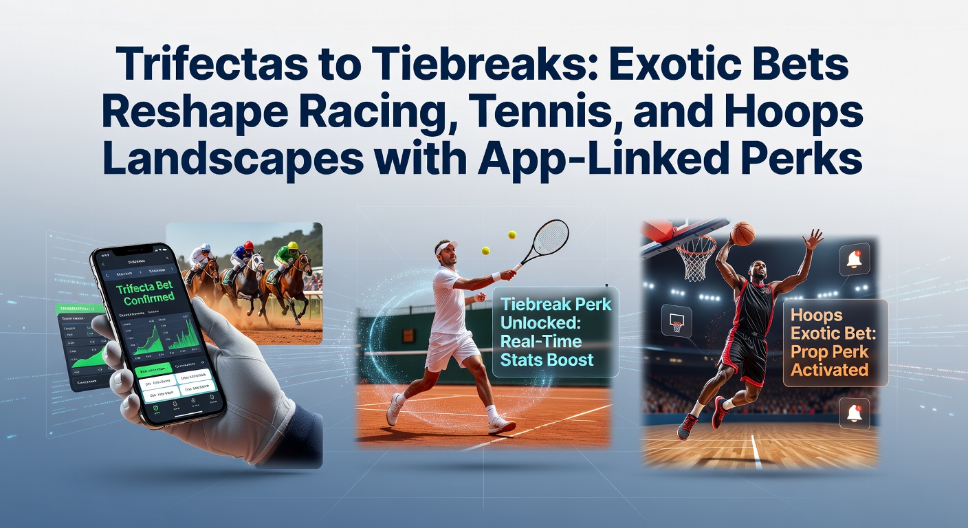 Vibrant scene of a horse race trifecta finish, tennis tiebreak action, and basketball player prop bet excitement on a mobile betting app