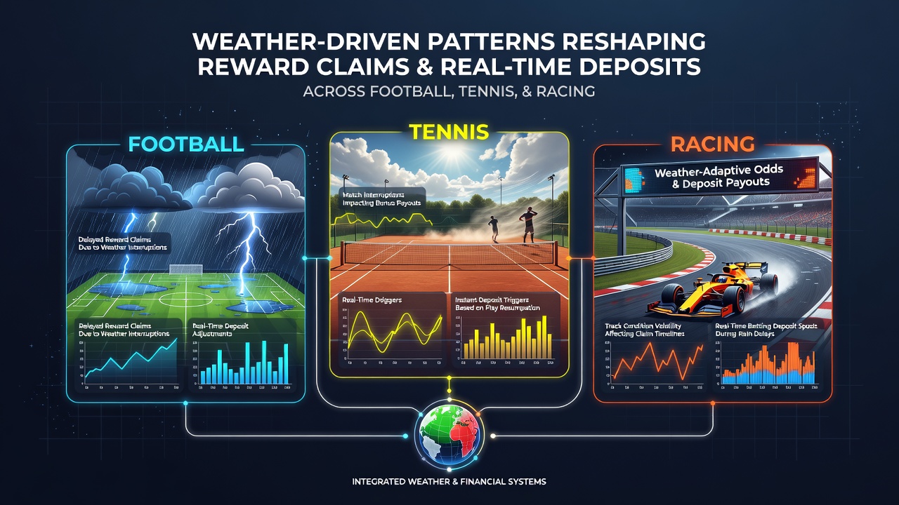 Racing and table game interfaces displaying weather-adjusted promotions and deposit options