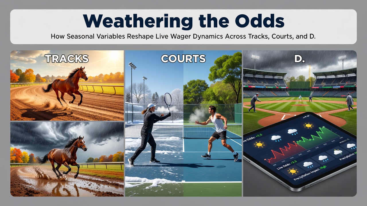 Mobile app screens showing seasonal weather data integrated with live tennis and casino table wagers